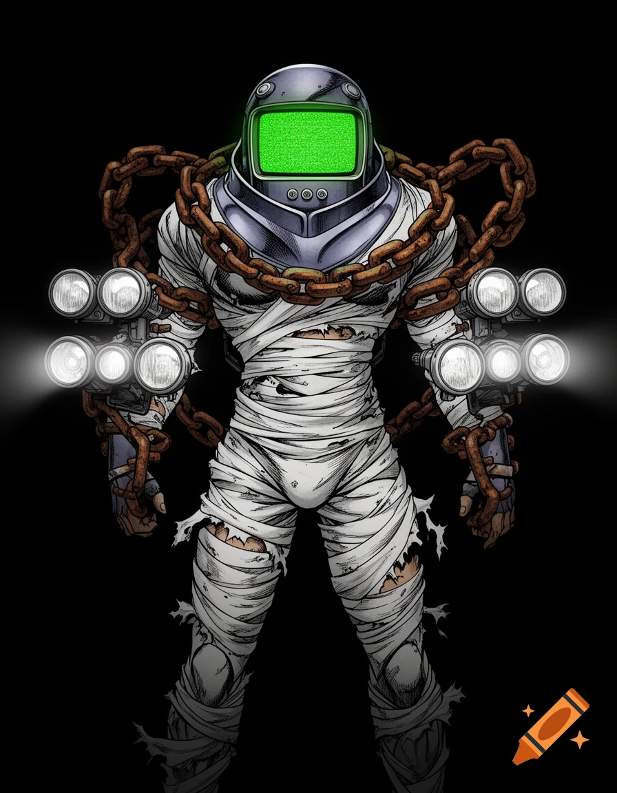 Anime-style humanoid character wrapped in tattered bandages and chains, with a CRT monitor for a head and headlights on its arms, against a black background.
