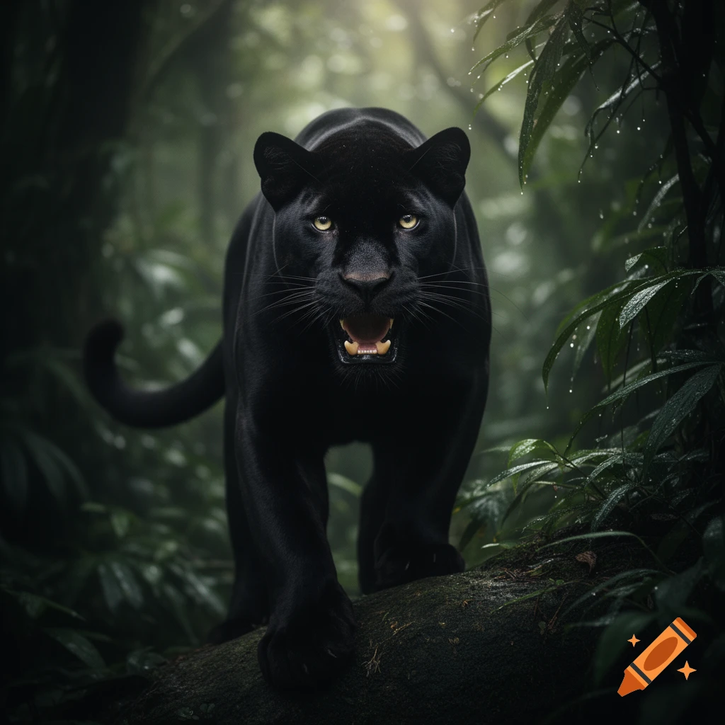 Photorealistic black panther walking on a mossy log in a dense jungle, mouth open and looking forward.