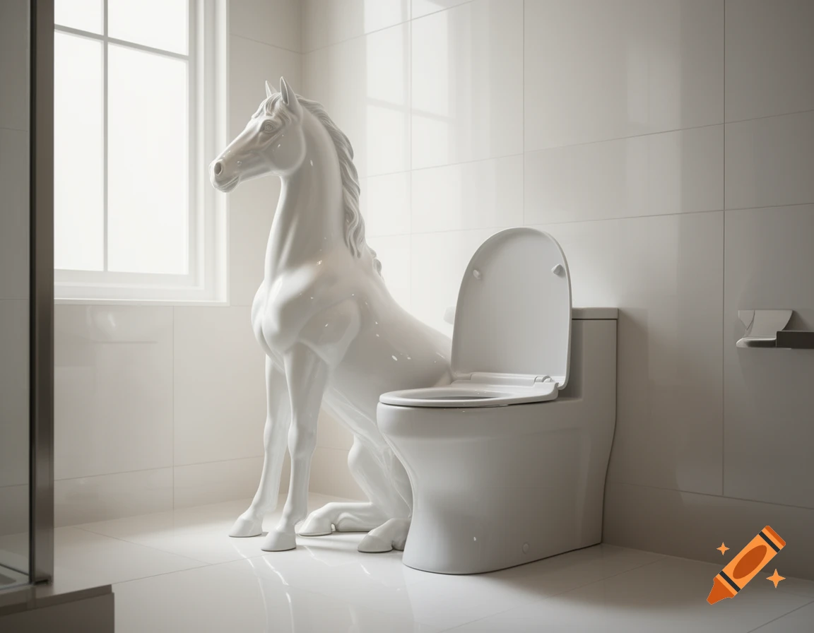 Photorealistic image of a surreal white porcelain horse statue with a toilet on its back, in a modern, brightly lit bathroom.