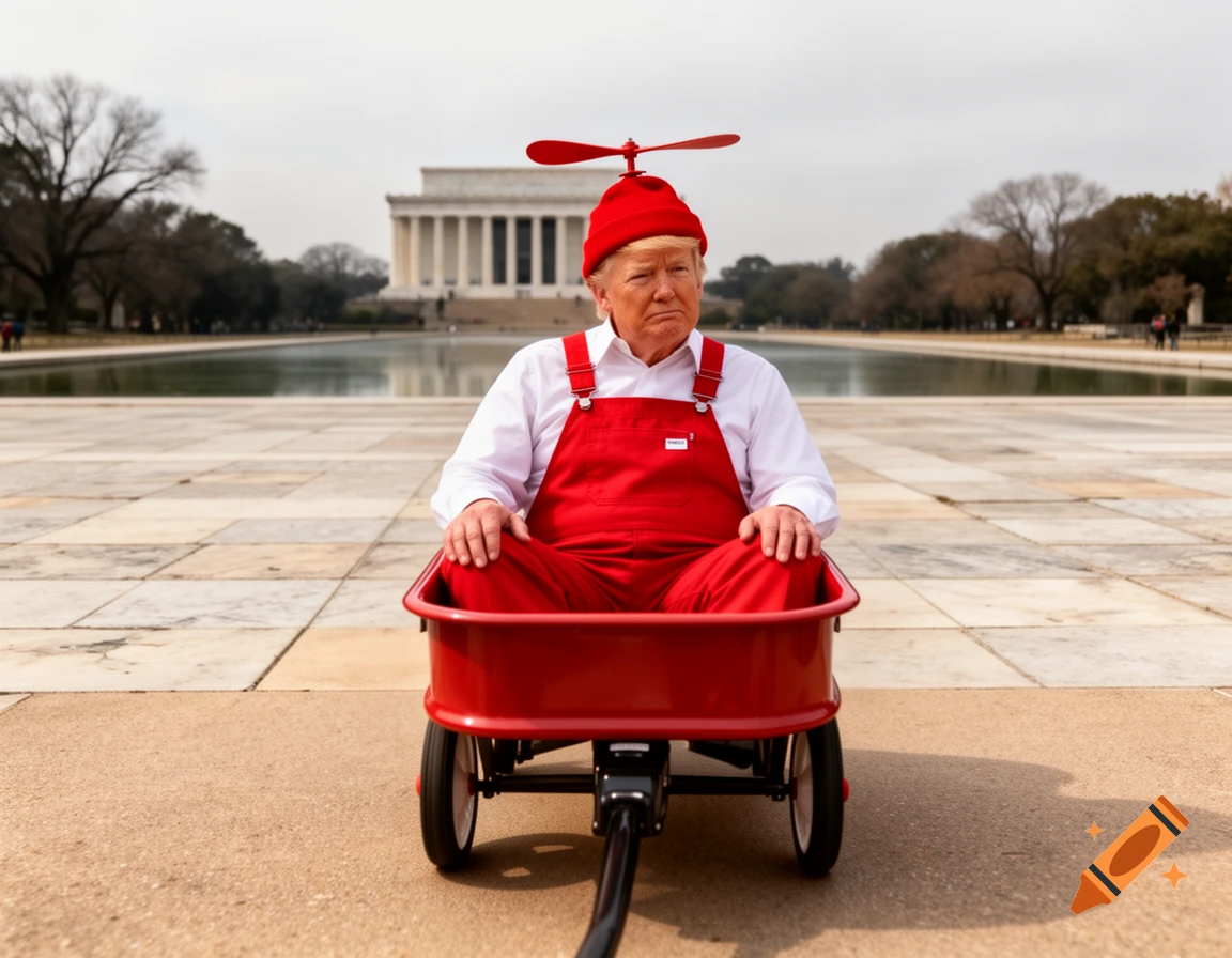 Photorealistic image of Donald Trump in red overalls and propeller beanie, sitting in a red wagon at the Lincoln Memorial.