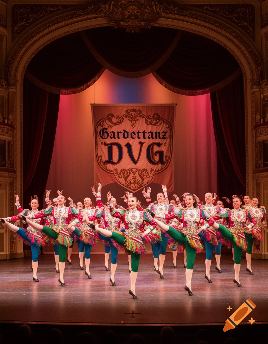 A group of dancers in colorful, elaborate costumes performing a synchronized kick on a stage with a banner reading 'Gardetanz DVG' in the background.