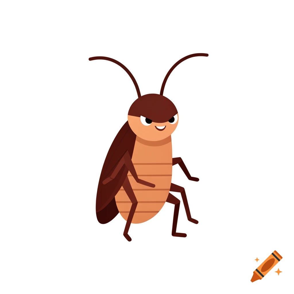 A cartoon cockroach with a mischievous expression, designed in a clean, modern flat vector illustration style.