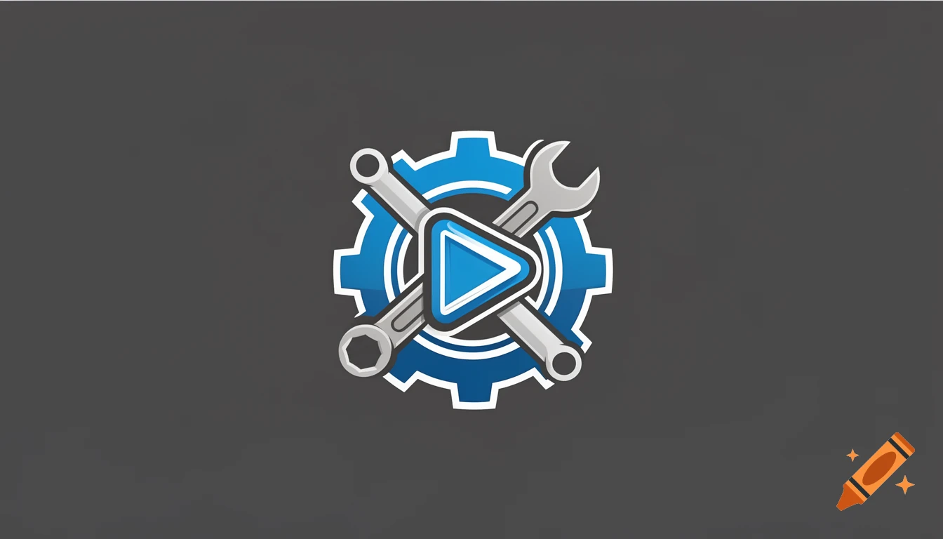 A blue gear icon with two crossed wrenches and a central blue play button, all on a dark gray background.