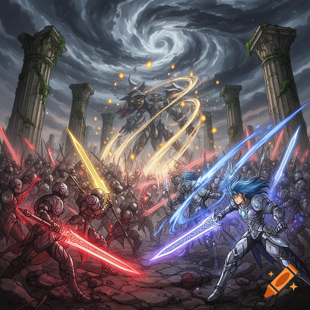 An anime-style fantasy battle featuring armored warriors with glowing swords fighting a giant mech in ruins under a stormy sky.