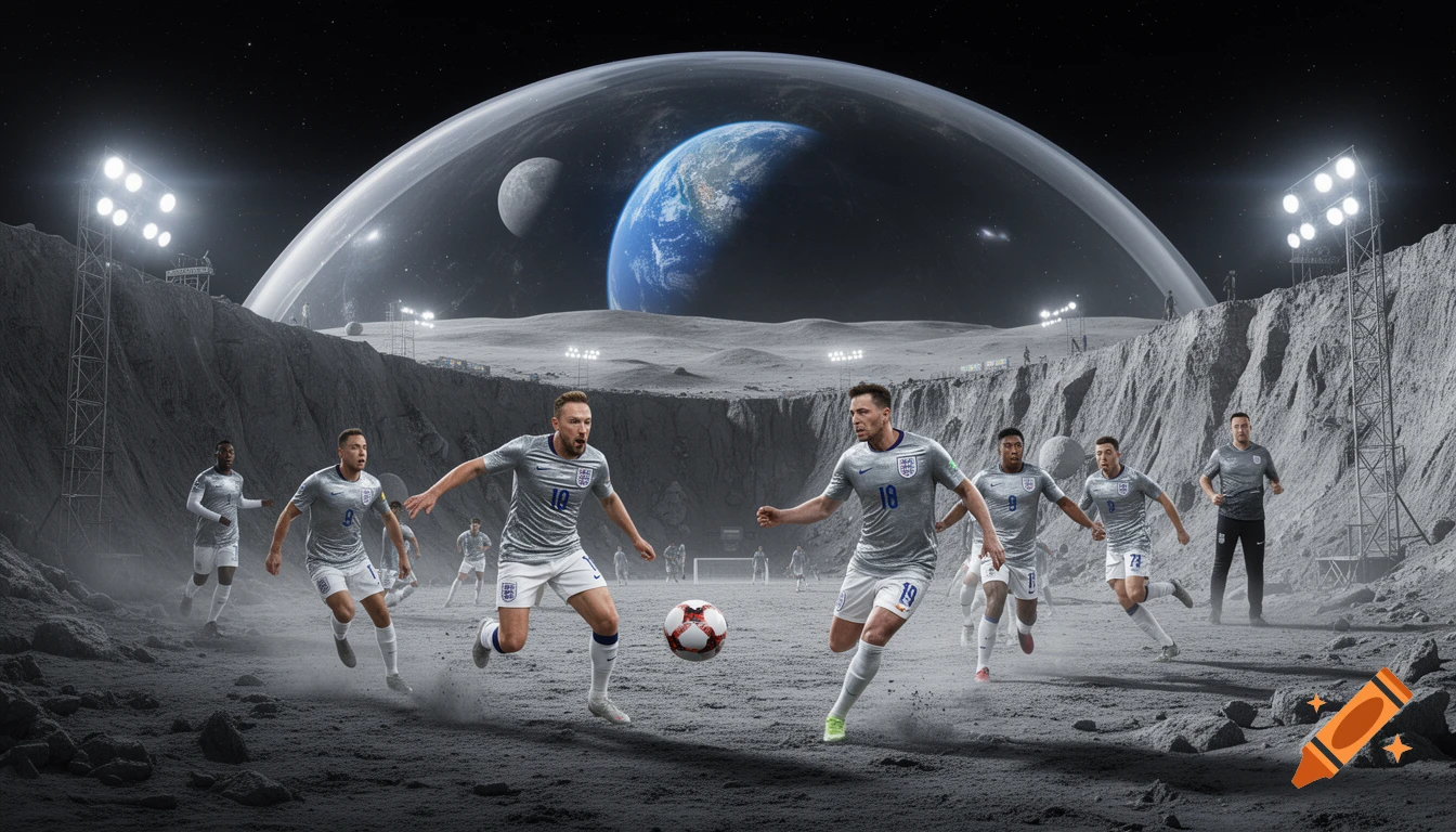 England's men's soccer team plays a World Cup match on the Moon inside a crater, with Earth visible through a large glass dome in the background.