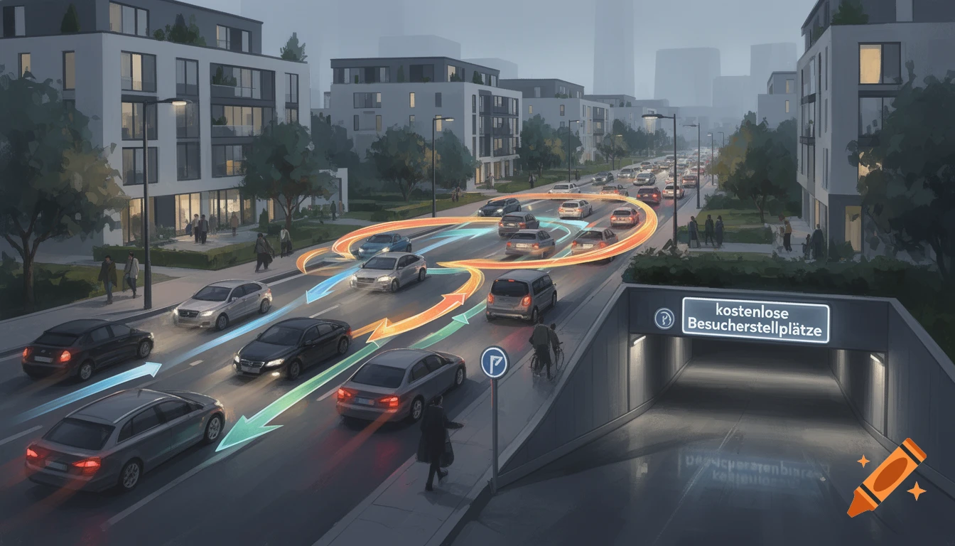 An illustrated city street scene showing traffic patterns with glowing arrows, cars circulating, and a sign for 'free visitor parking' above a tunnel entrance.