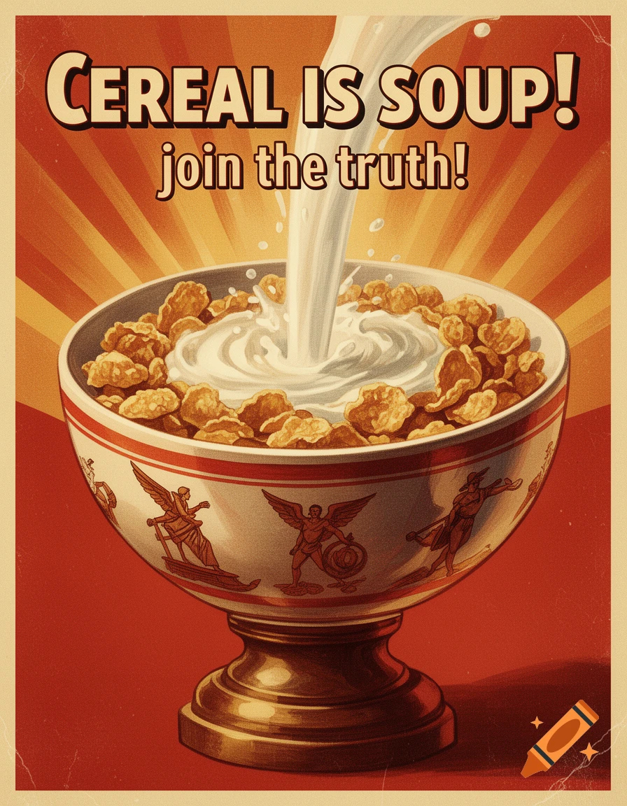 Vintage propaganda poster declaring 'CEREAL IS SOUP! join the truth!' above a dramatic bowl of cereal with pouring milk.