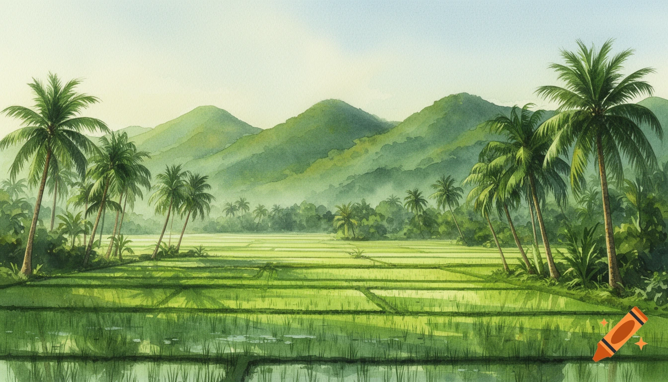 Watercolor painting of a tropical landscape with bright green paddy fields, tall palm trees, and misty hills.