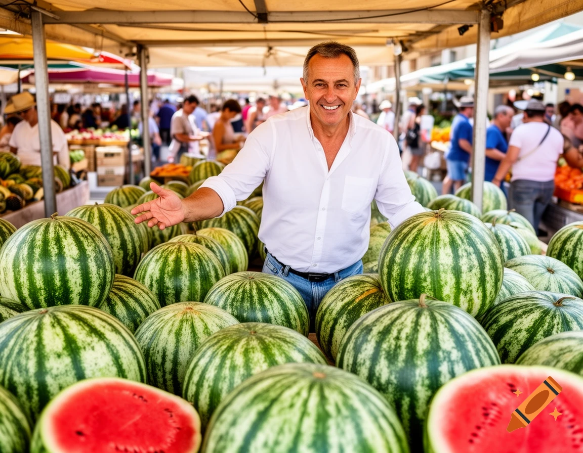 A smiling man at an outdoor market, standing behind a large display of watermelons, with sliced watermelons in the foreground.