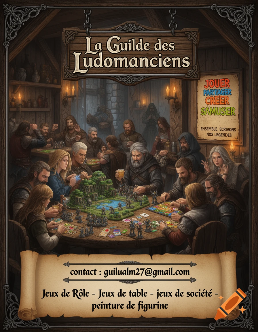 A group of people in a medieval tavern playing various tabletop games and role-playing games, with text advertising a gaming guild.