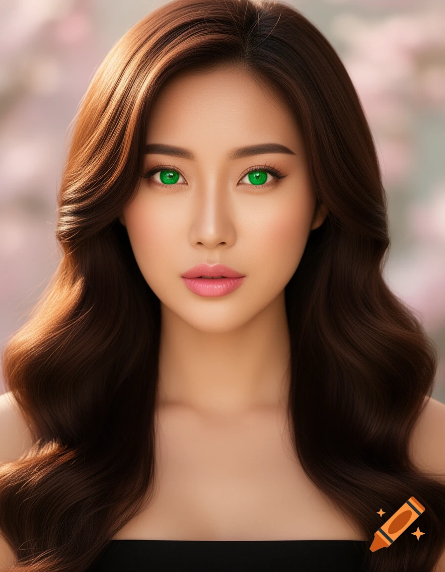 Photorealistic close-up portrait of an East Asian woman with long brown wavy hair, large emerald green eyes, and pink lips.