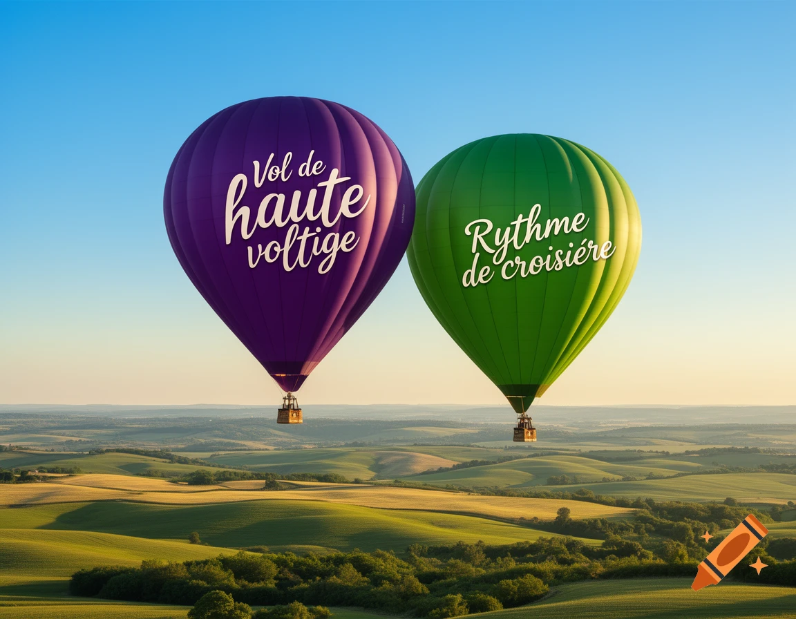 Two hot air balloons, purple and green, float over a sunlit, rolling landscape of green fields and trees under a clear blue sky.