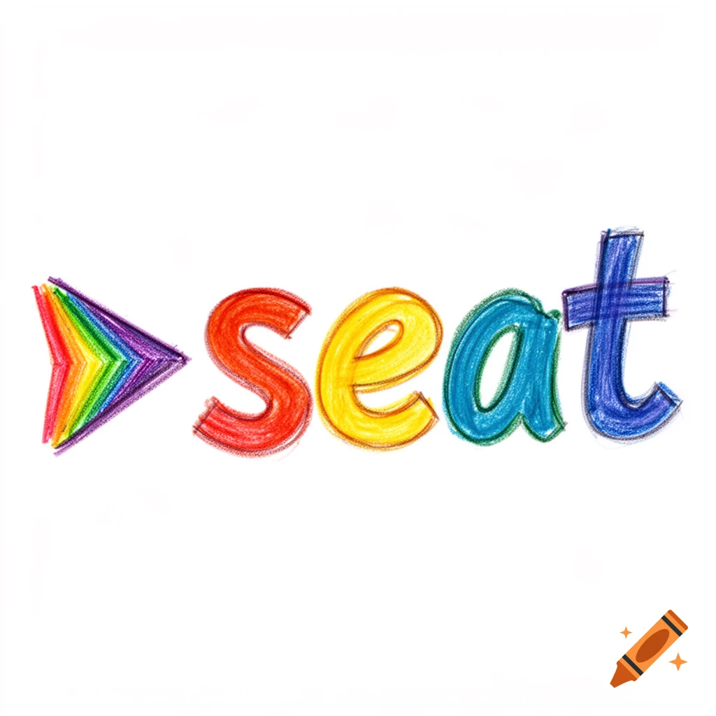 The word "seat" written in crayon with letters in red, yellow, teal, and blue, next to a rainbow crayon arrow pointing left.
