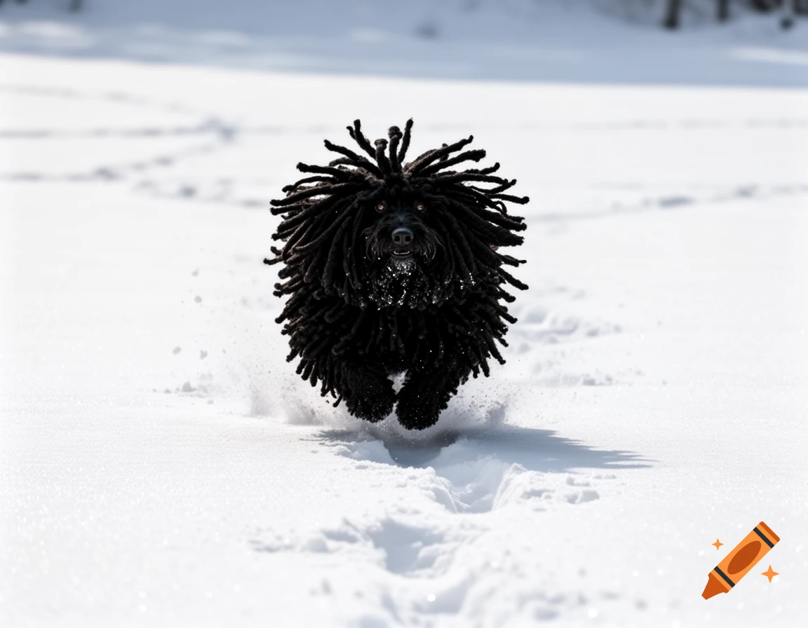 A black Puli dog with dreadlocks runs directly at the viewer, kicking up snow in a bright winter landscape.