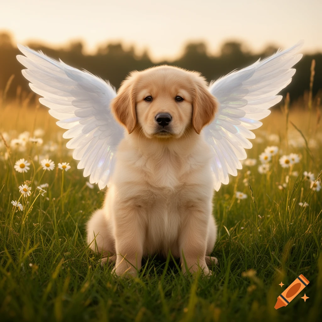 A golden retriever puppy with white wings sits in a grassy field with daisies at sunset, looking directly at the viewer.