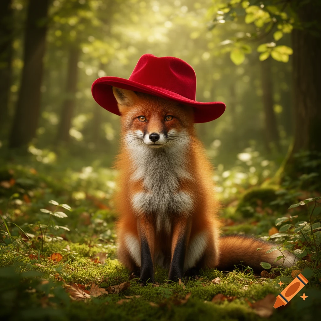 A photorealistic fox wearing a red hat sits in a sunlit forest.