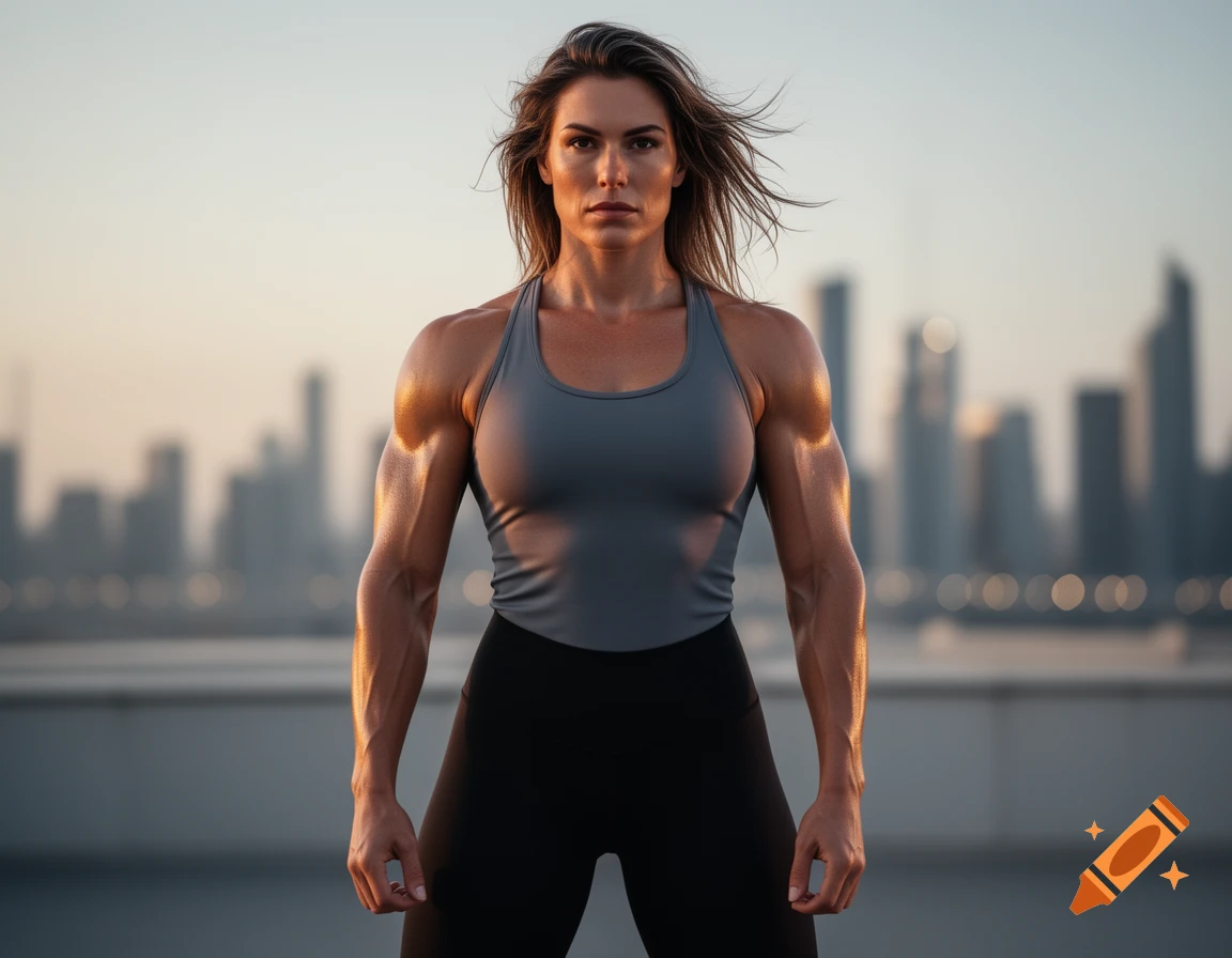 Photorealistic portrait of a muscular woman in a grey tank top and black leggings, standing confidently against a blurred city skyline at sunset.