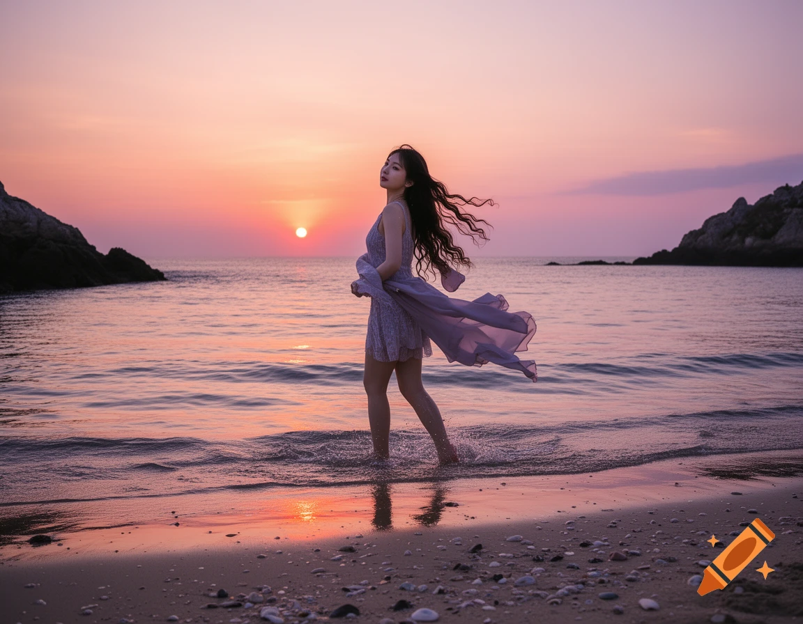 A woman in a flowing dress wades in the ocean at sunset on a beach with rocky shores.