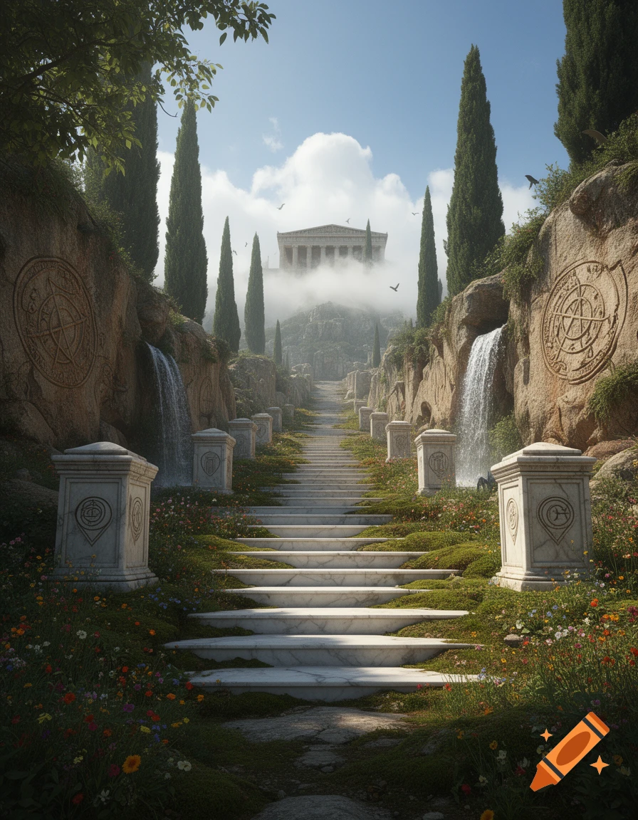 A grand white marble staircase ascends a mystical mountain path flanked by waterfalls, cypress trees, and carved rocks, leading to a misty classical temple.