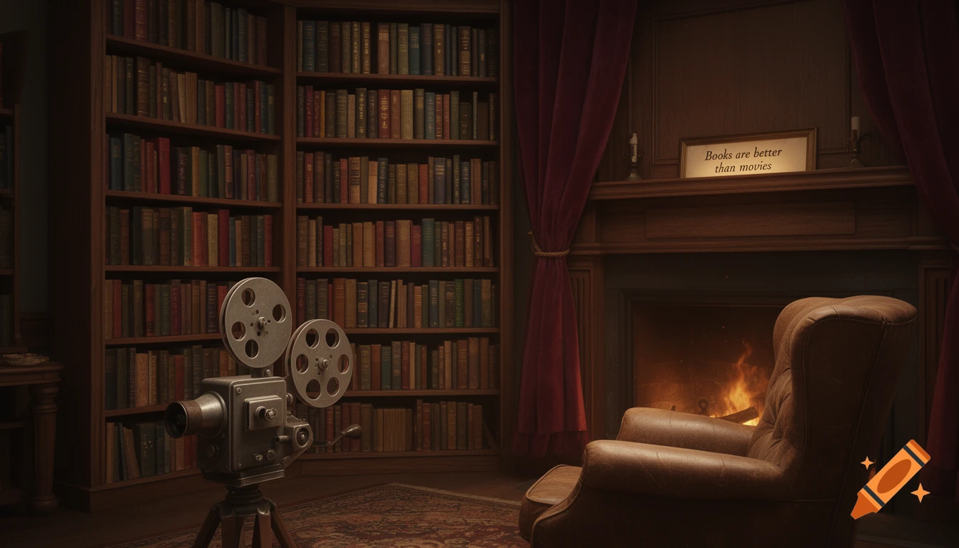 A cozy, dimly lit library with tall bookshelves, a warm fireplace, a leather armchair, and a vintage film projector.
