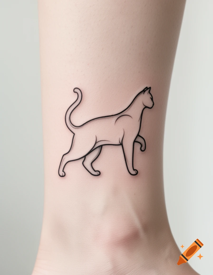 Simple black outline tattoo of a walking cat on a person's ankle.