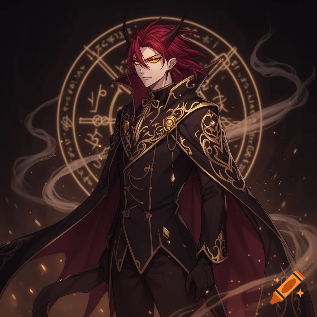 Anime-style character with red hair, horns, and golden eyes, wearing an ornate black and gold coat, standing before a glowing magical circle.