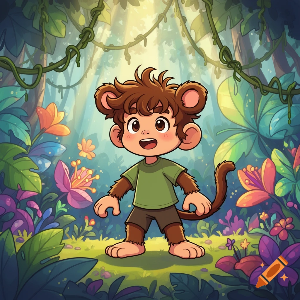 A cute, smiling cartoon monkey-boy with brown fur and a green shirt stands in a vibrant, lush jungle surrounded by colorful plants and vines, with sunlight filtering through the canopy.