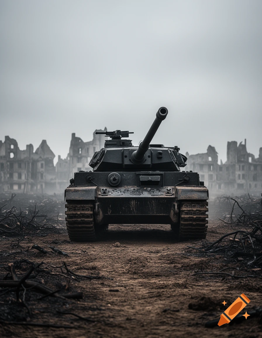 A dark, heavily armored tank sits on muddy, debris-strewn ground, with ruined buildings in the misty background.