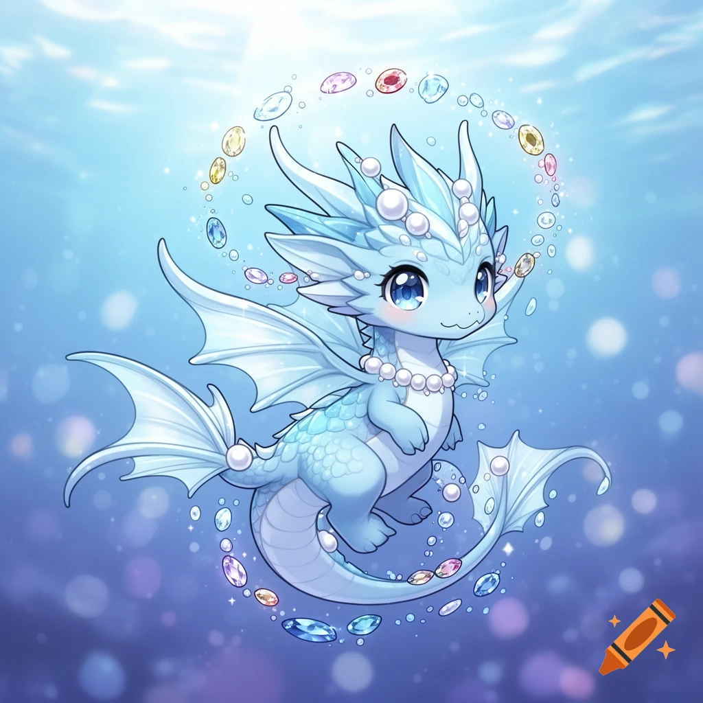 A cute chibi aqua dragon with pearl accents and translucent scales, surrounded by sparkling jewels, set in a shimmering blue underwater scene.