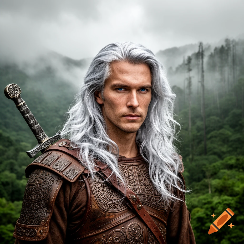 Photorealistic portrait of a silver-haired warrior with piercing blue eyes, wearing detailed brown leather armor, in a misty forest.