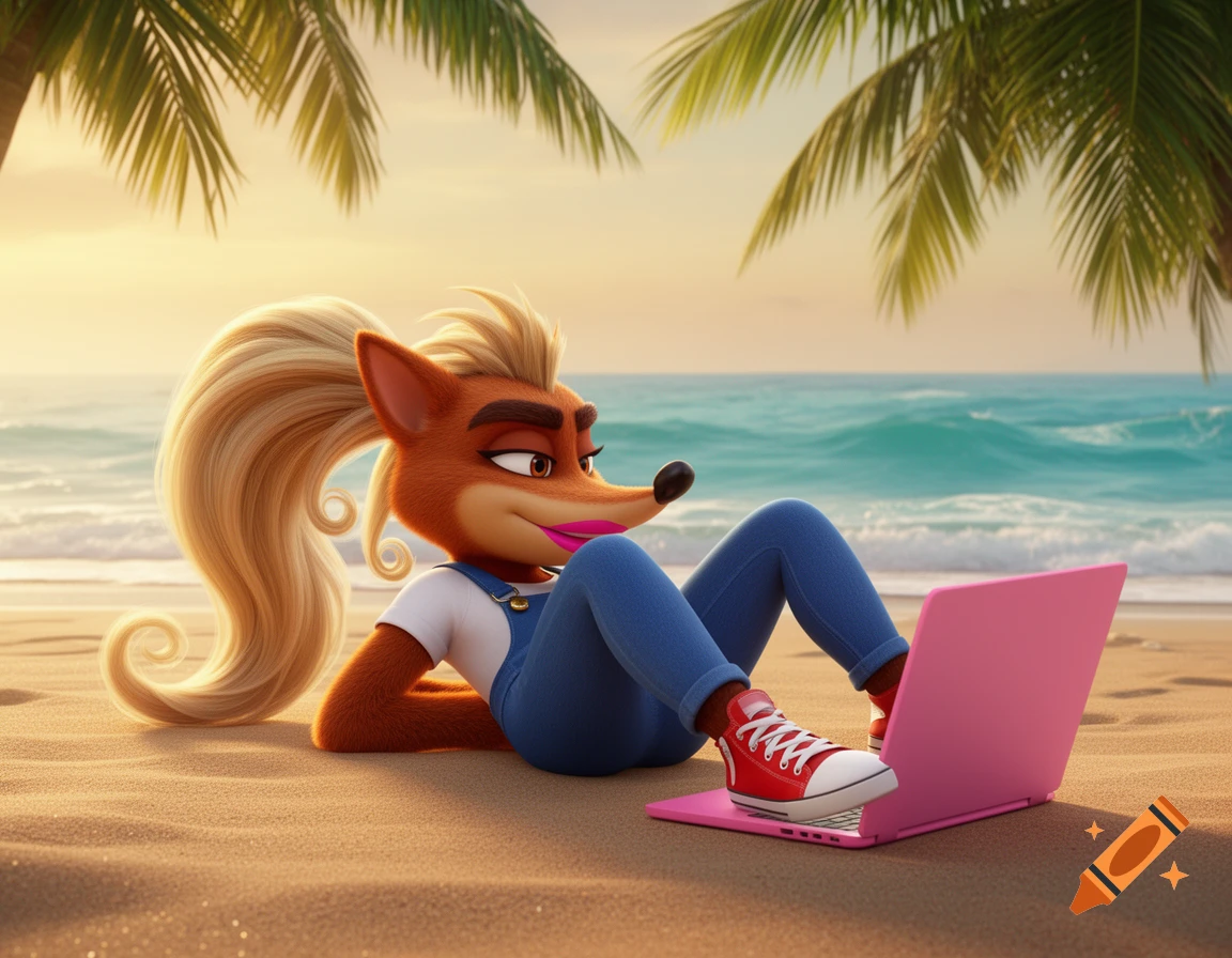 Coco Bandicoot, a 3D cartoon character, lounges on a sandy beach with a pink laptop, under palm trees with an ocean view.