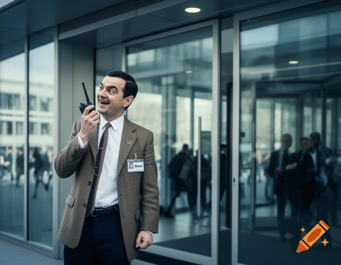 A man resembling Mr. Bean, dressed in a tweed jacket with an ID badge, smiles while holding a walkie-talkie outside a modern glass building.