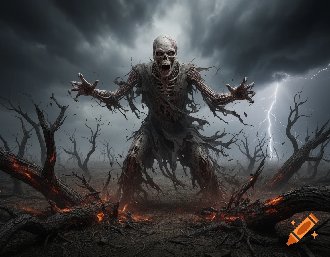 A ghoulish skeletal corpse creature with tattered flesh stands in a stormy, barren landscape with lightning striking and burning trees.