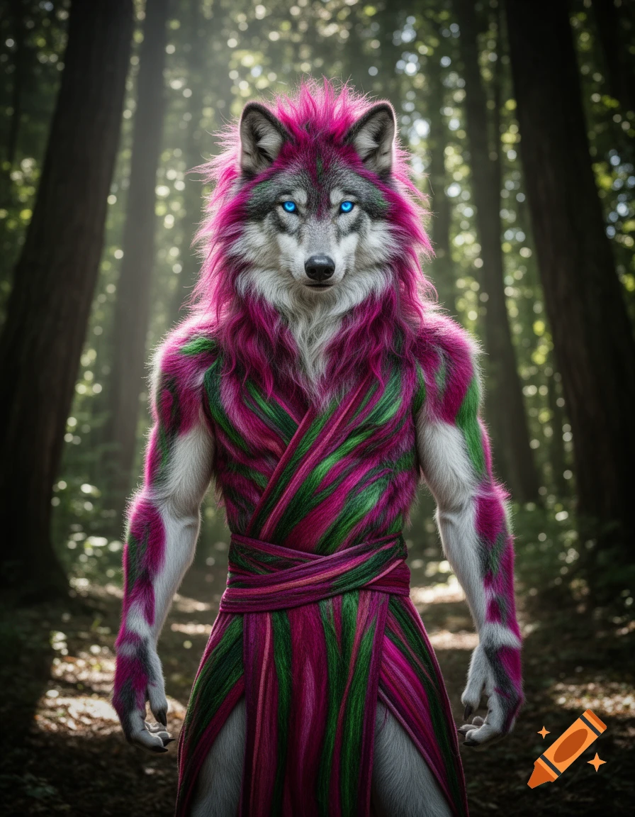 A vibrant wolf-human hybrid with pink and green fur and glowing blue eyes stands in a sunlit forest.