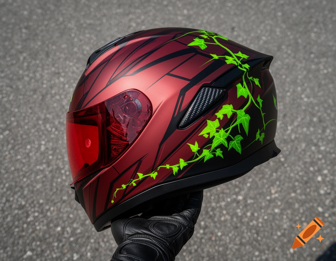 Photorealistic close-up of a deep red motorcycle helmet with neon green ivy graphics and a red tinted visor, held by a black-gloved hand over asphalt.
