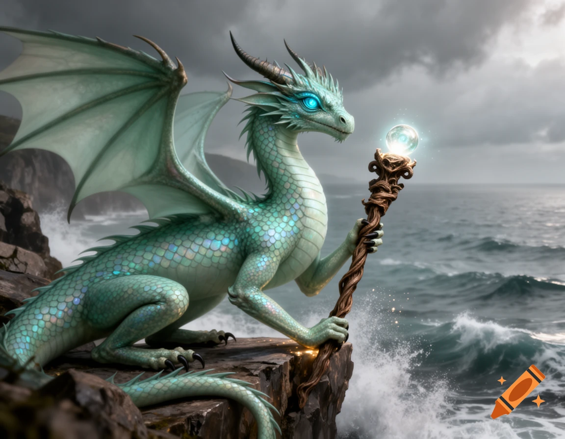 A seafoam-colored dragon with glowing blue eyes, holding a magical staff, perches on a rocky cliff overlooking a stormy ocean.