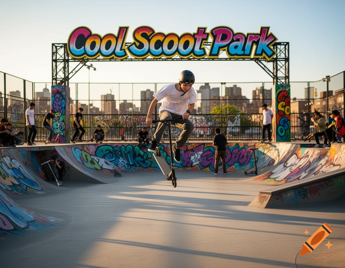 A young man performs a trick, airborne on a scooter in a vibrant skatepark with a "Cool Scoot Park" sign and city skyline.