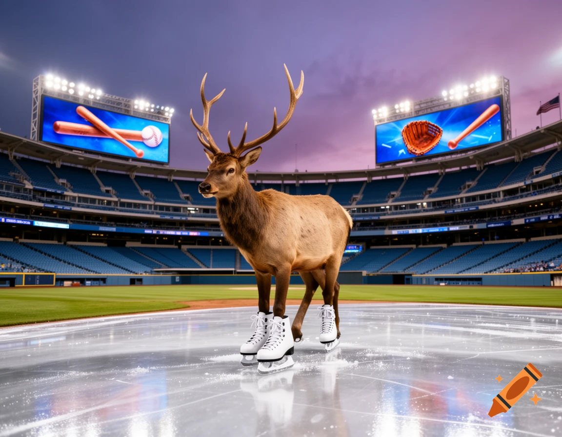 A photorealistic elk on ice skates stands on an icy surface in the middle of a baseball stadium at dusk.