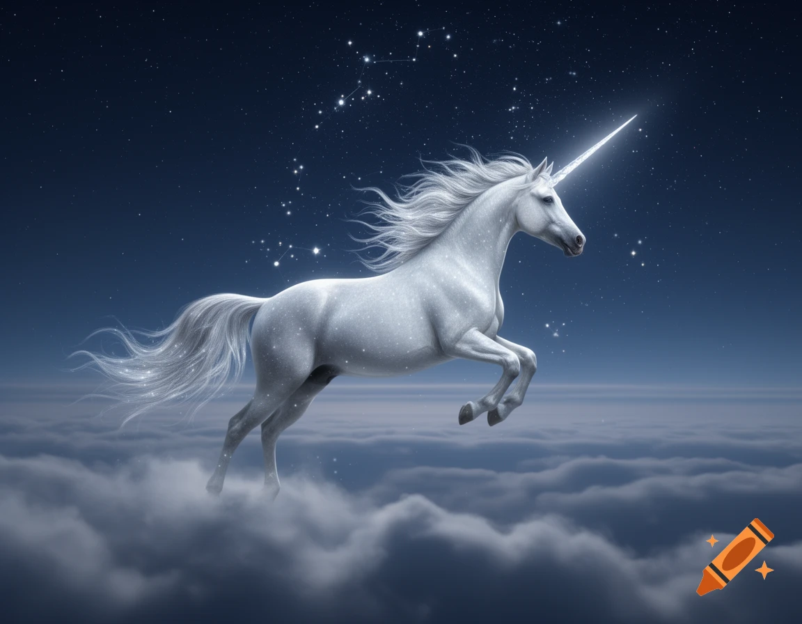 A shimmering white unicorn with a glowing horn floats gracefully above soft clouds under a dark, starry night sky.