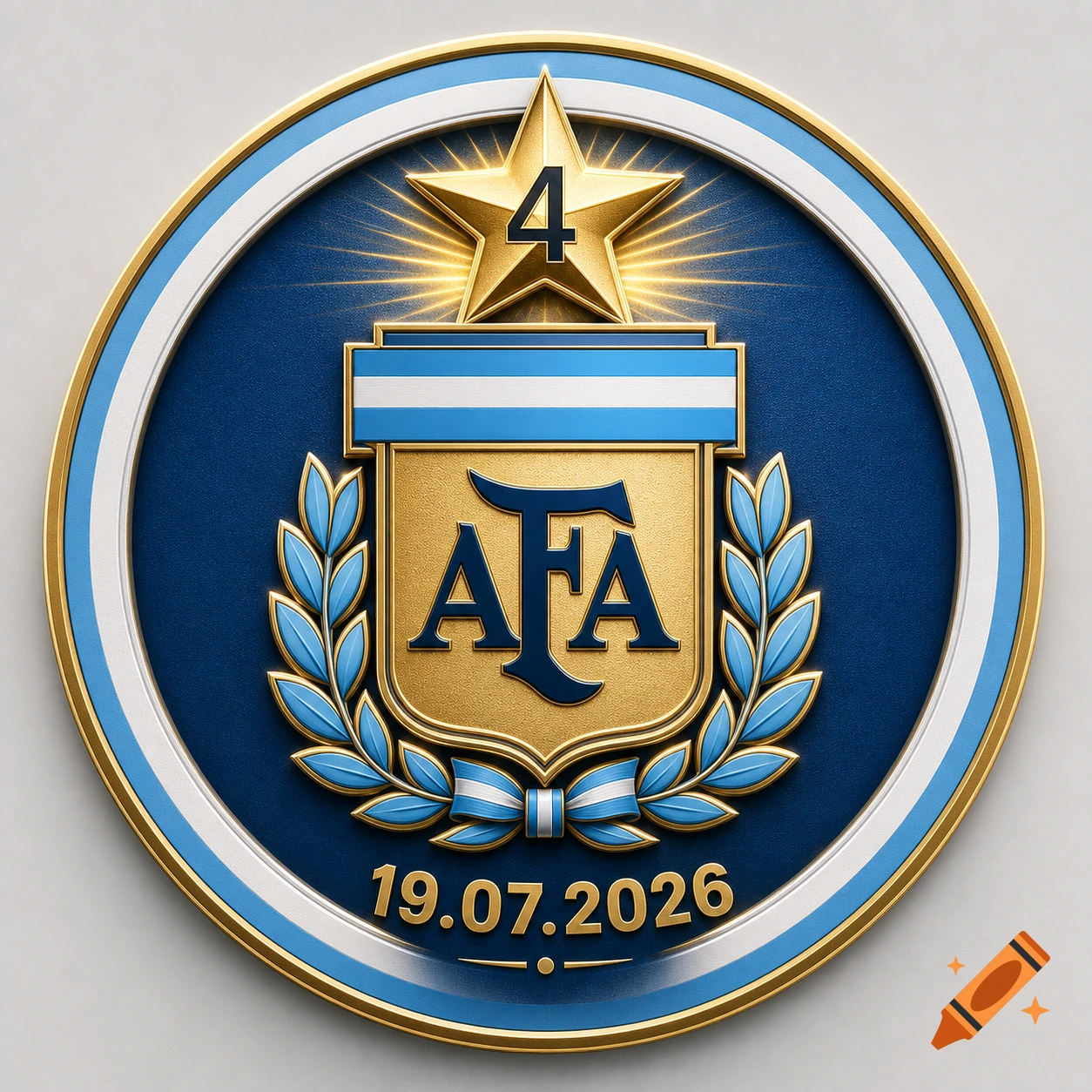 Argentina National Football Team (AFA) circular emblem in blue, gold, and white, with a shield, star '4', and date '19.07.2026'.