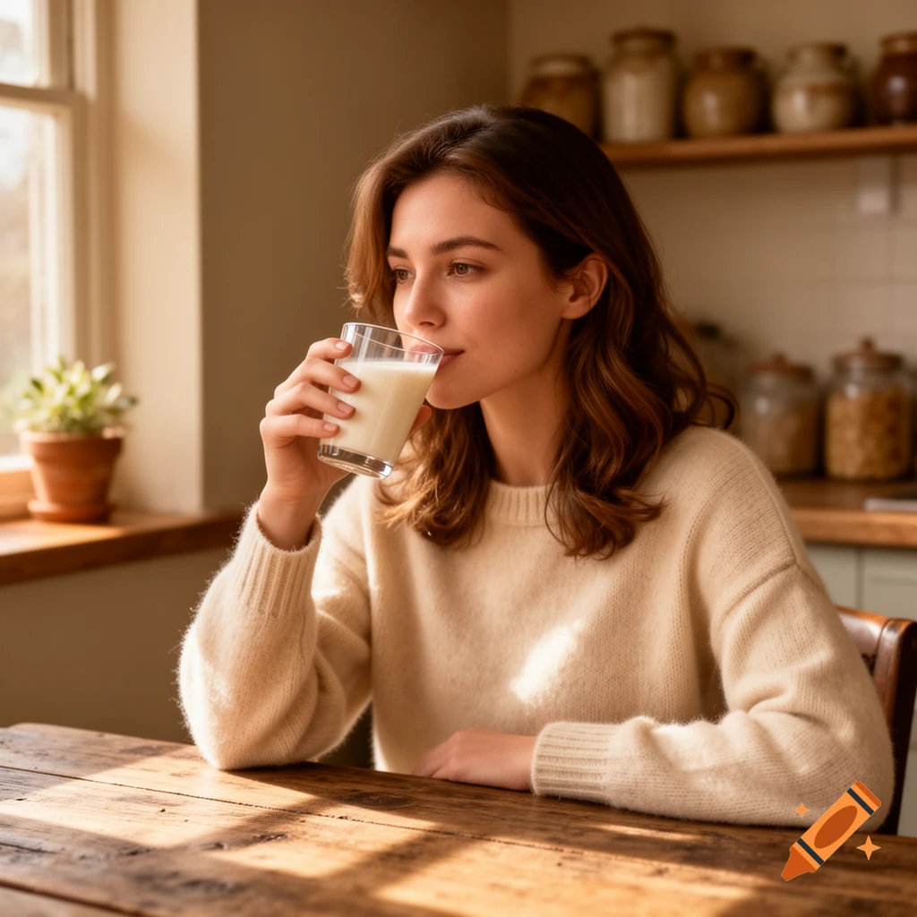 Photorealistic image of a young woman in a beige sweater drinking milk from a glass in a sunlit kitchen.