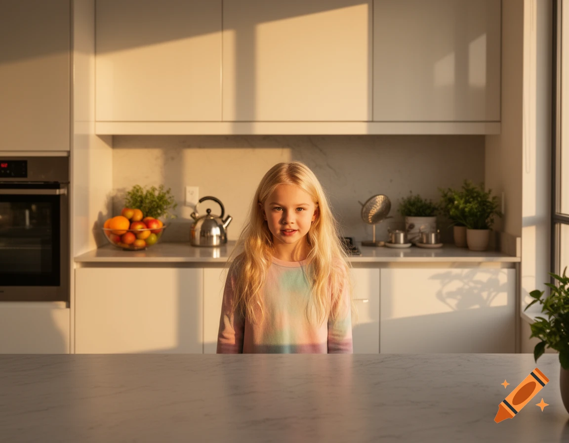 A blonde girl in a colorful shirt stands in a modern kitchen with fruit and plants in golden hour light.