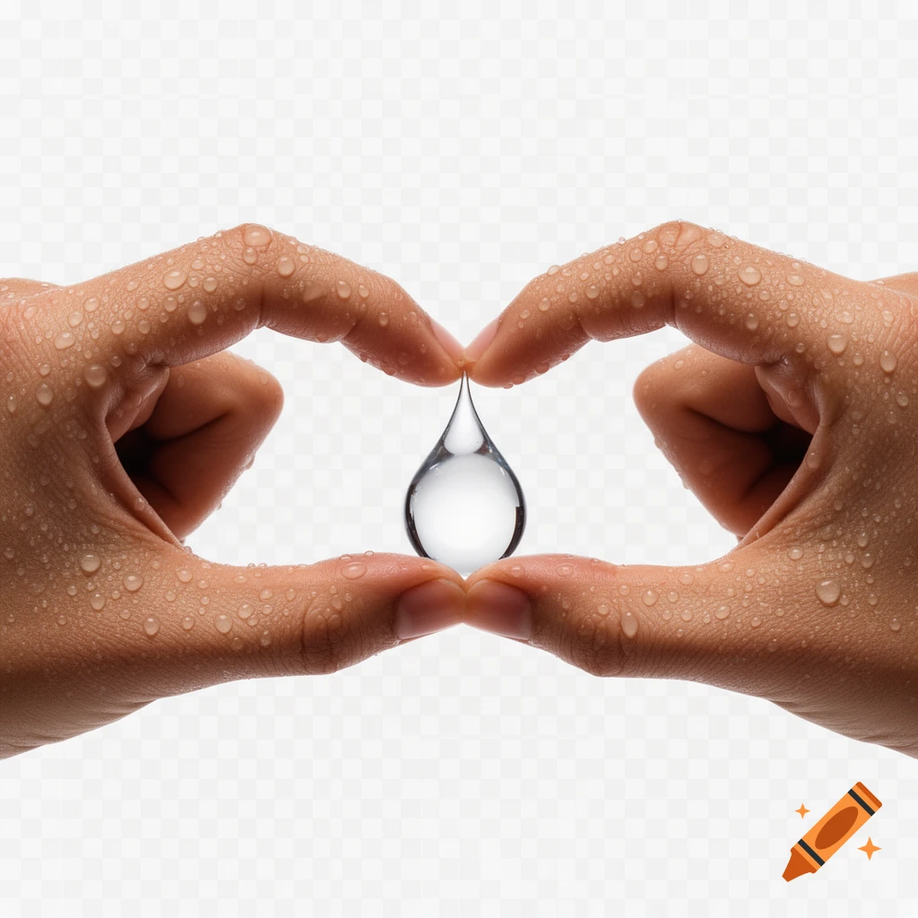 Two wet hands with water droplets form a heart shape around a single clear water droplet, symbolizing water protection.