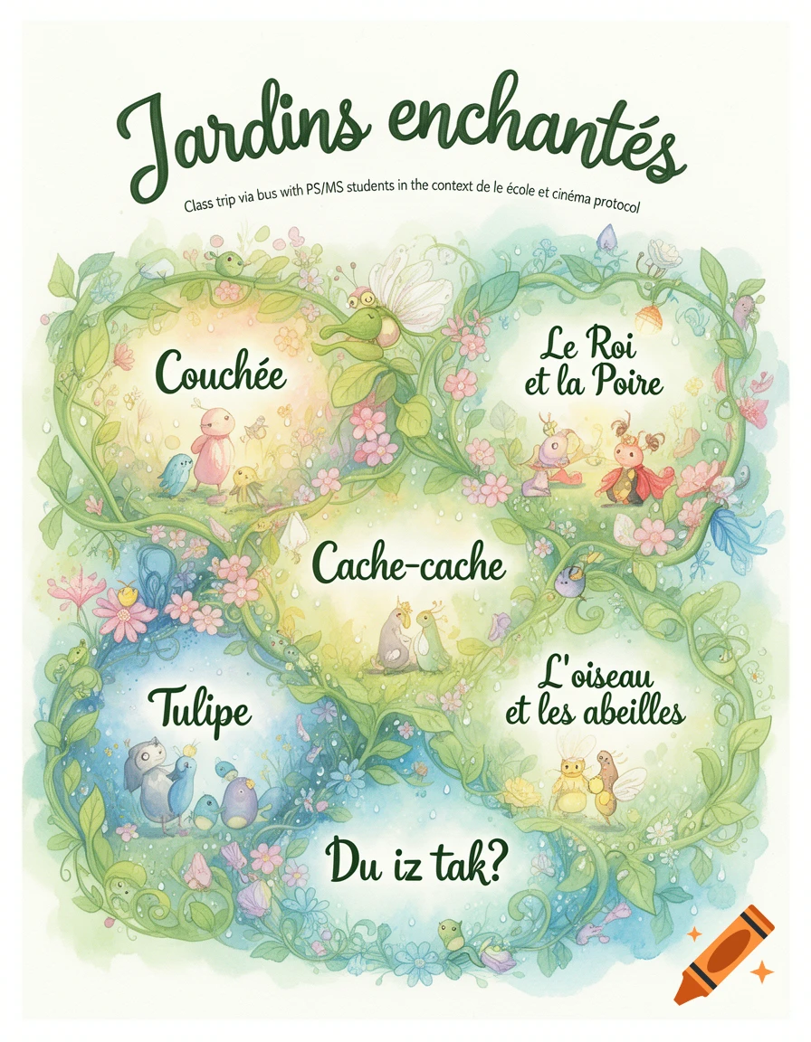 Watercolor illustration of 'Jardins enchantés' poster, featuring winding vines, flowers, and six frames with whimsical creatures representing short films like 'Couchée' and 'Le Roi et la Poire'.