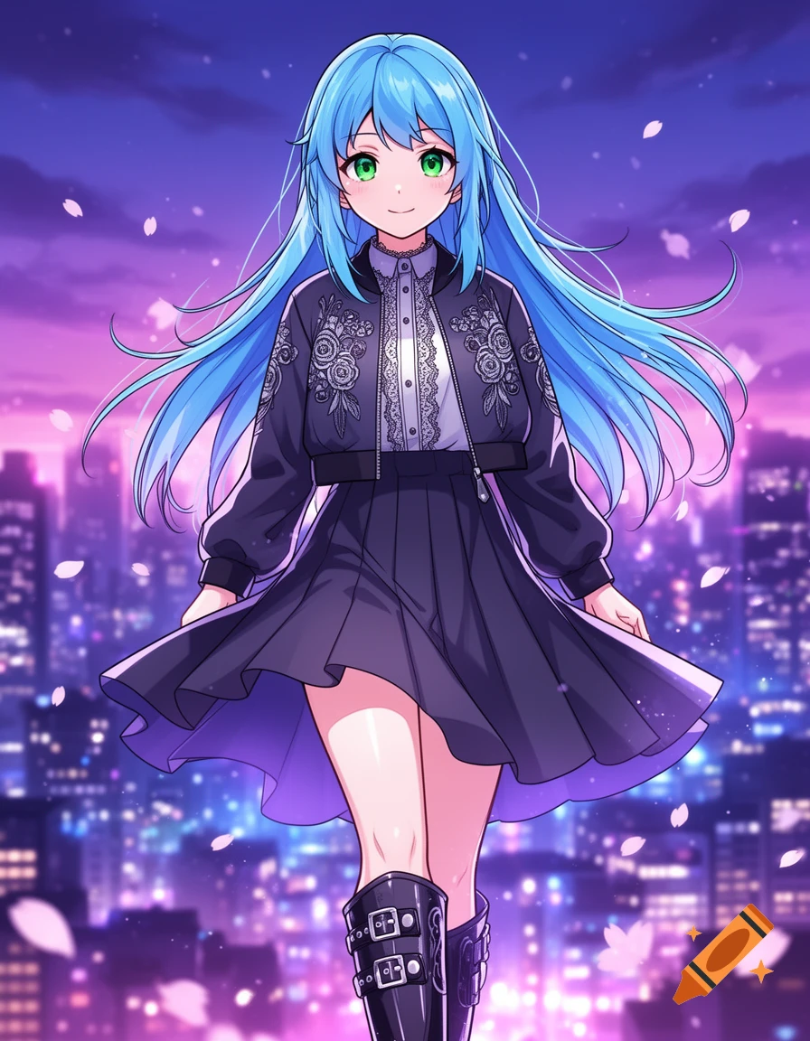 Anime girl with blue hair and green eyes in a dark jacket and skirt, smiling in front of a vibrant purple city at night with falling petals.