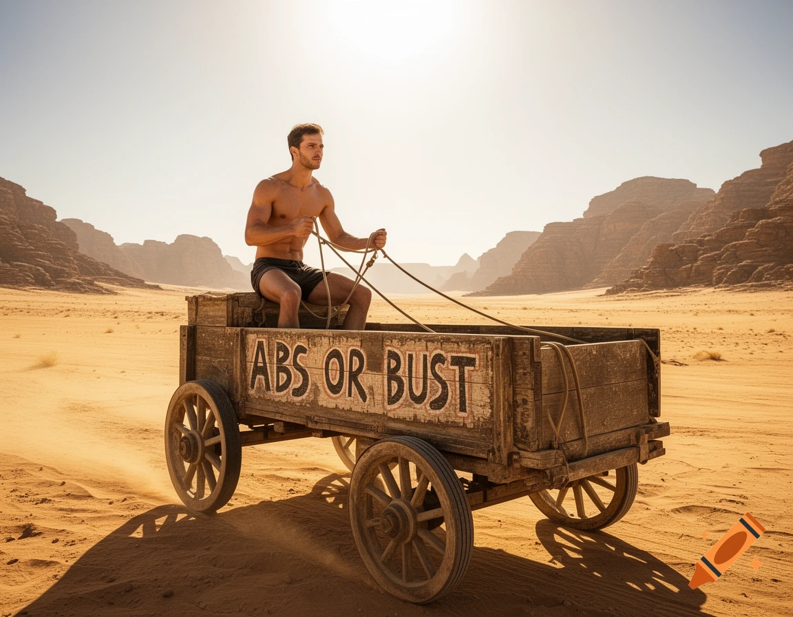 A shirtless muscular man in shorts sits on a wooden wagon with 'ABS OR BUST' on its side, crossing a vast sunny desert with mountains.
