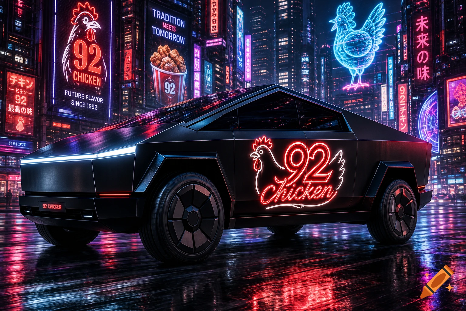 A black Tesla Cybertruck with a neon '92 Chicken' logo parked on a wet street in a vibrant cyberpunk city at night.