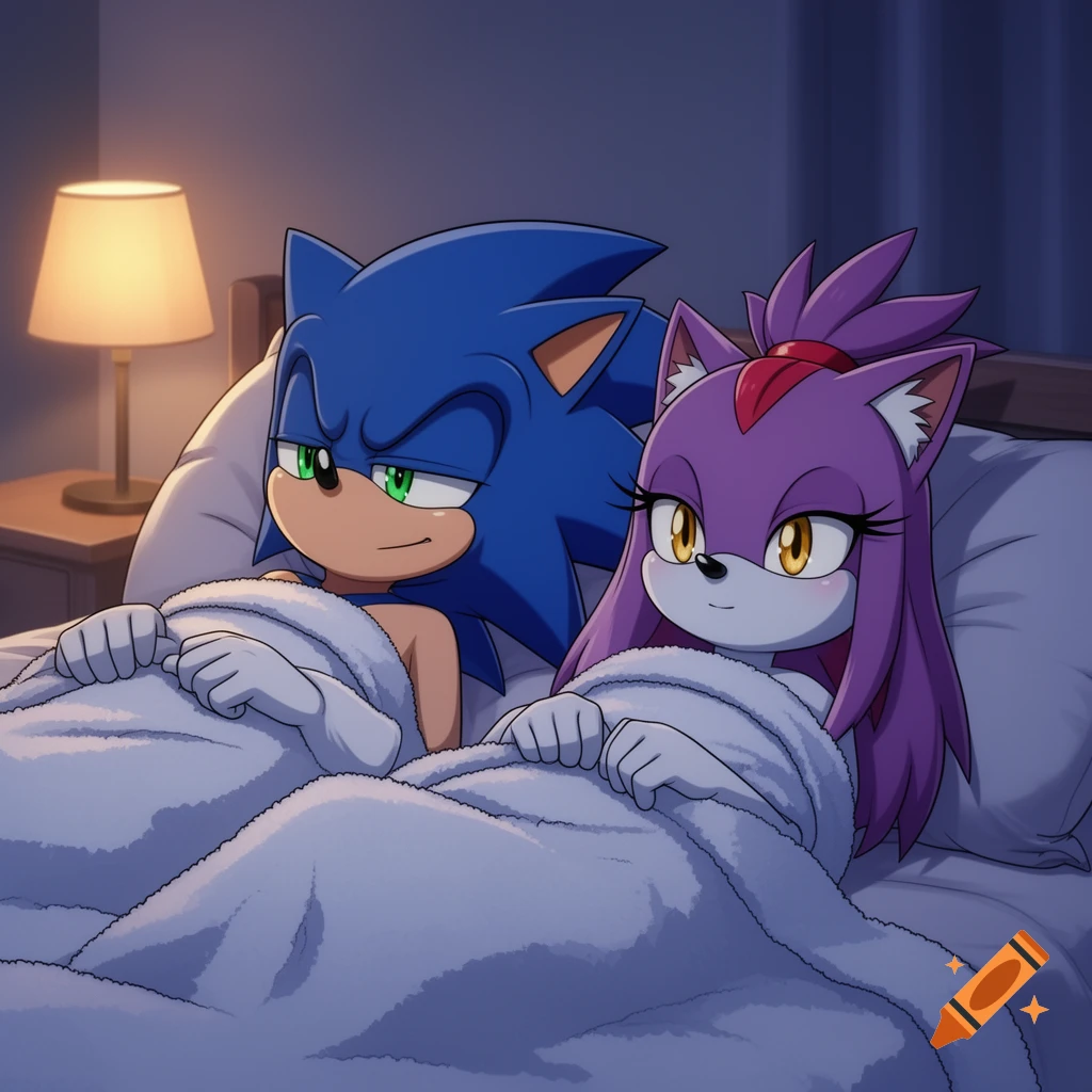 Sonic and Blaze the Cat characters lie in bed under blankets in a dimly lit room, with a lamp beside them.