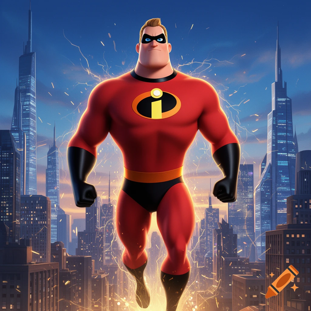 Mr. Incredible, a muscular cartoon superhero in a red suit with an 'I' logo, flies over a city at dusk, surrounded by electrical energy.