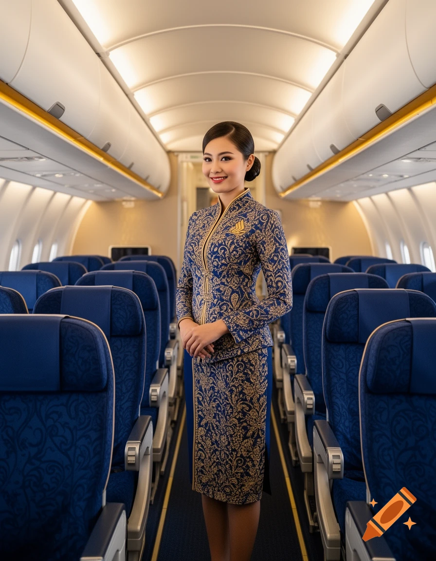 A smiling flight attendant in a blue and gold uniform stands in the aisle of an empty airplane cabin.